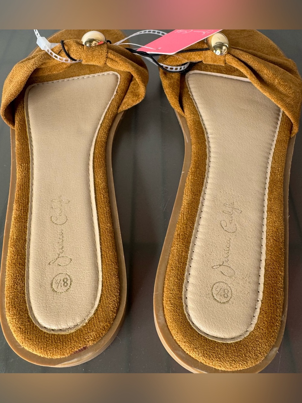 Tan Suede Slide-on Sandals with tie Gold Accent summer boho spring fall sz 8.5? - Picture 3 of 6